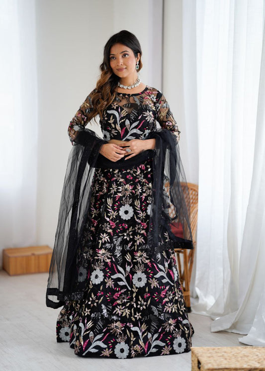 Glorious Black Net Embroidery Work Lehenga Choli