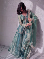 Ravishing Green Silk With Sequins Work Sharara Suit Ravishing Green Silk With Sequins Work Sharara Suit