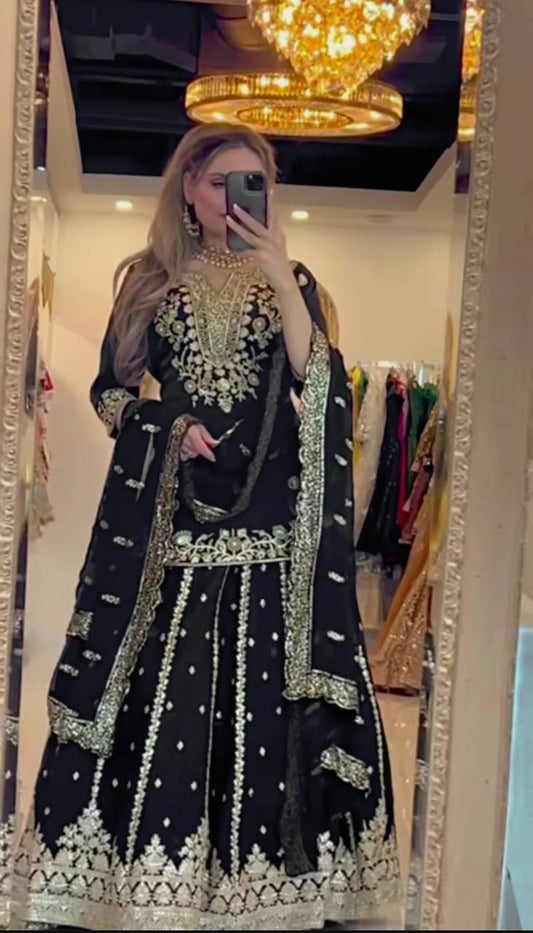 Pretty Black Color Heavy Embroidery Work Top With Lehenga