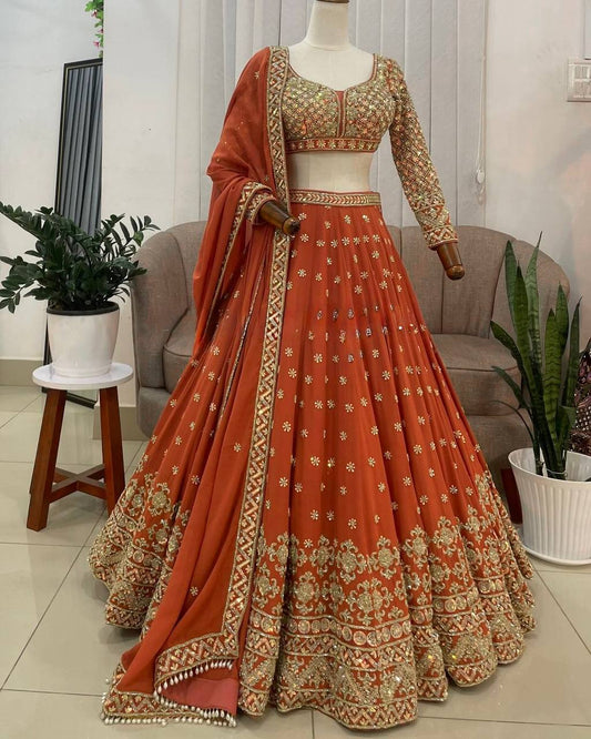 Stylish Orange Color Georgette Thread Work Lehenga Choli