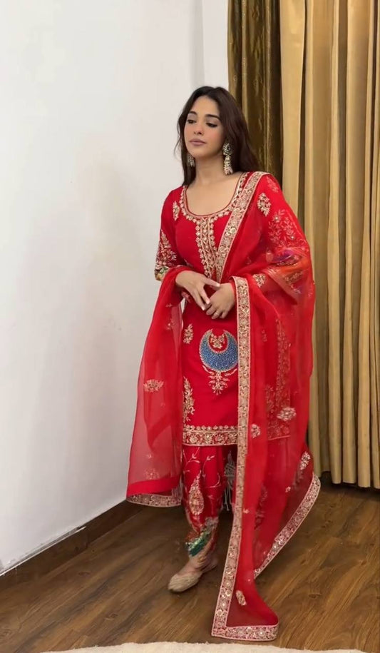 Attractive Red Color Sequence Work Palazzo Suit