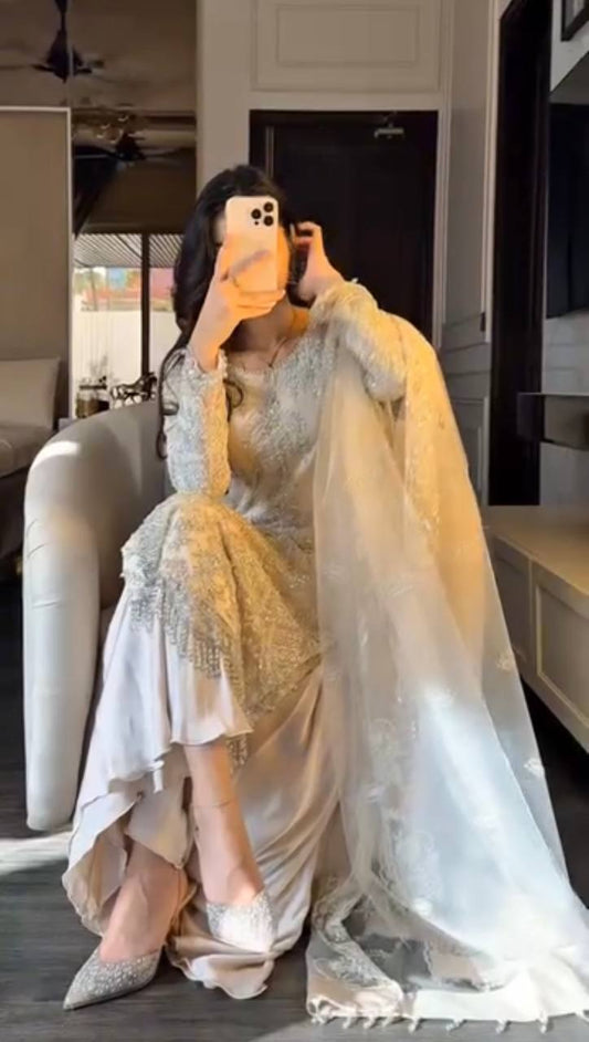 Ravishing Beige Color Net Embroidery Work Palazzo Suit