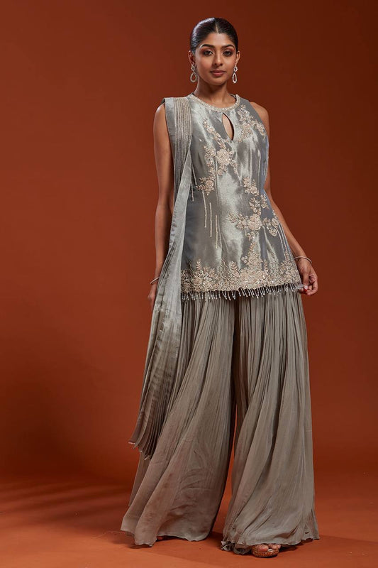Alluring Gray Color Embroidery Work Palazzo Suit