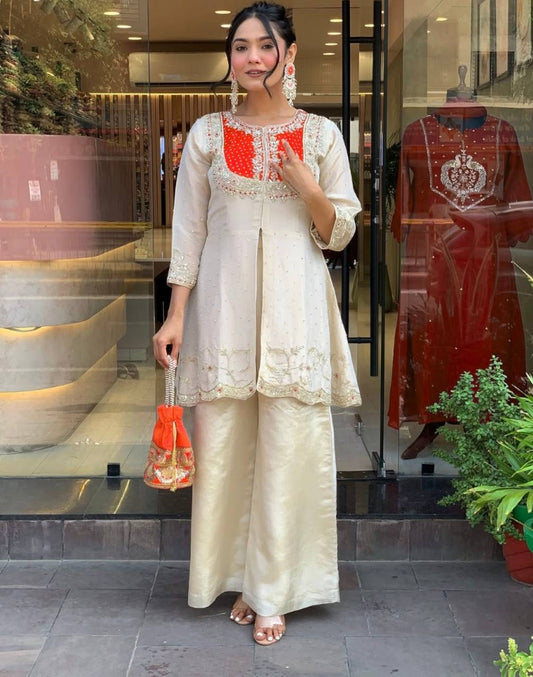 Marvelous Orange Color Embroidery Work Co-Ord Set