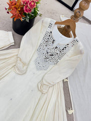 Innovative White Khadi Cotton Mirror Work Gown Innovative White Khadi Cotton Mirror Work Gown