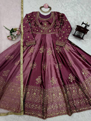 Lovely Wine Color Thread Work Anarkali Gown Lovely Wine Color Thread Work Anarkali Gown