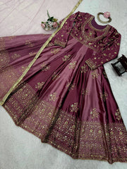 Lovely Wine Color Thread Work Anarkali Gown Lovely Wine Color Thread Work Anarkali Gown