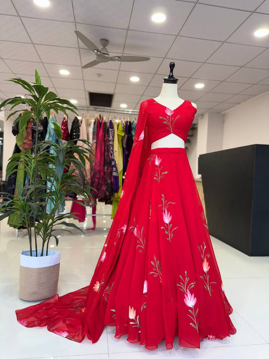 Ravishing Red Georgette Hand Paint Lehenga Choli