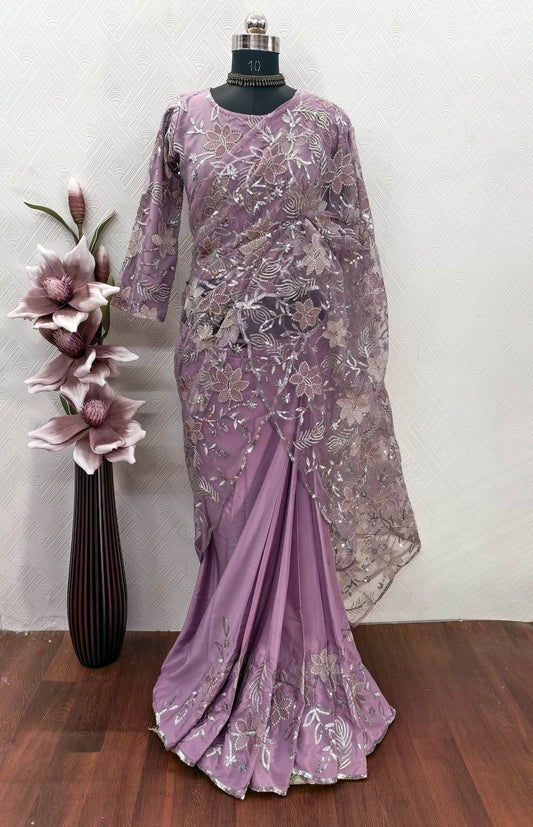 Stylish Purple Net Sequence Work Saree