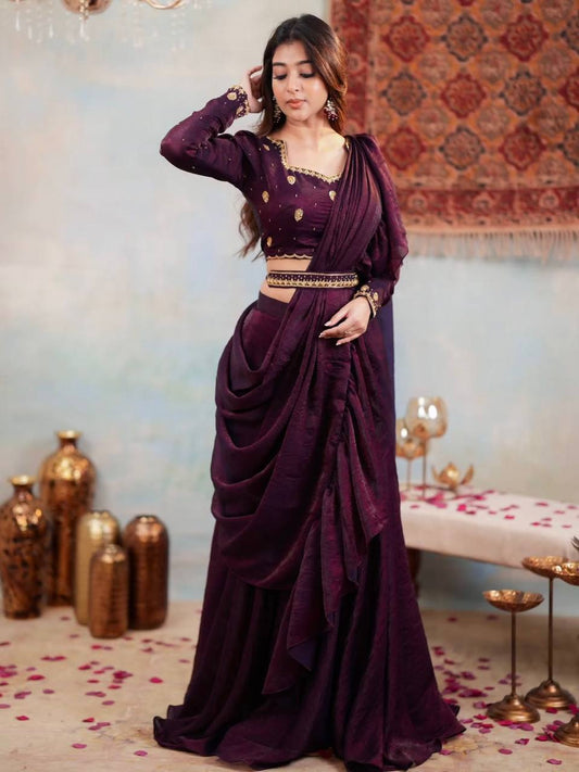Elegant Maroon Silk With Embroidery Work Lehenga