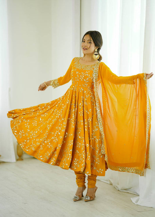 Marvelous Yellow Georgette Sequence Work Gown