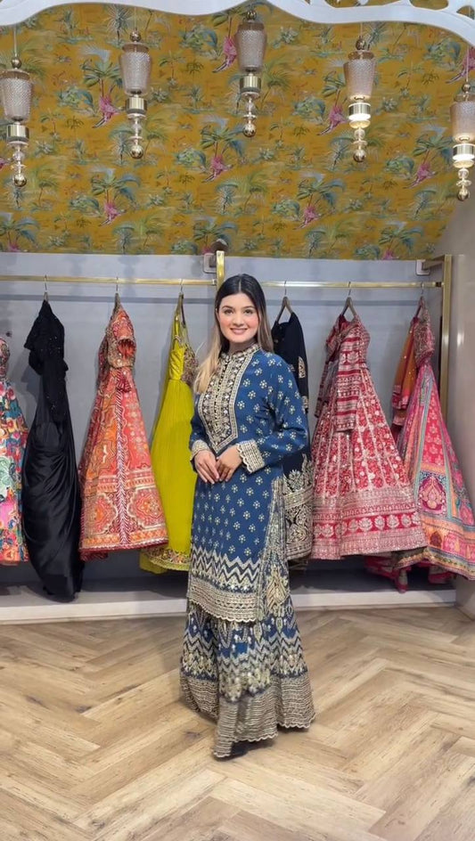 Stylish Blue Color Diamond Work Sharara Suit