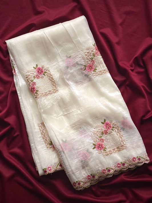 Alluring White Crush with Embroidery Work Saree