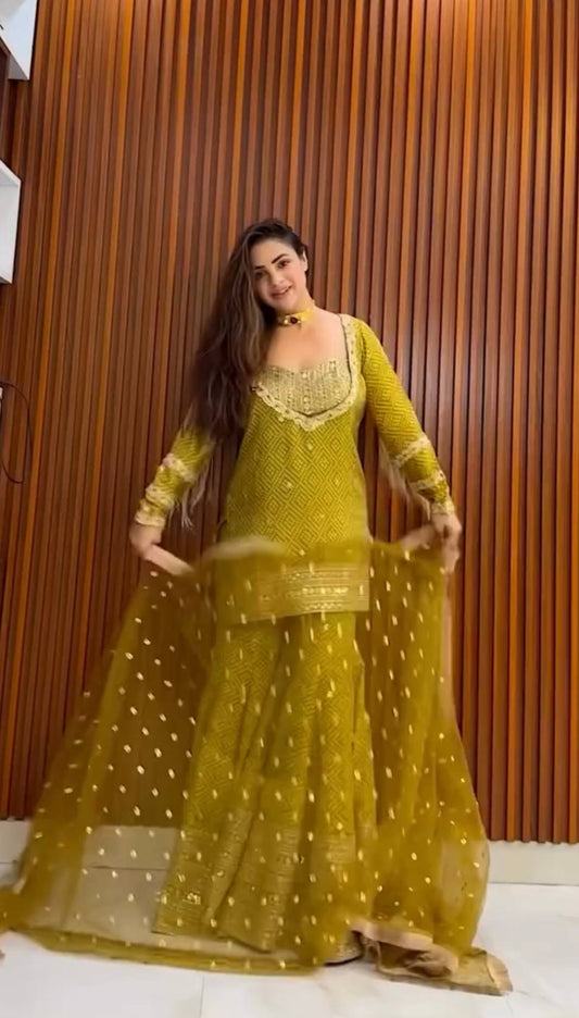 Alluring Mustard Color Sequence Work Sharara Suit