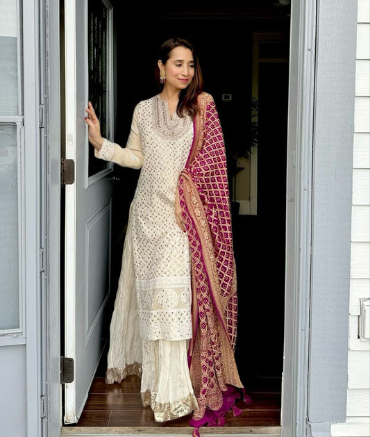 Fabulous White Sequence Work Georgette Palazzo Suit