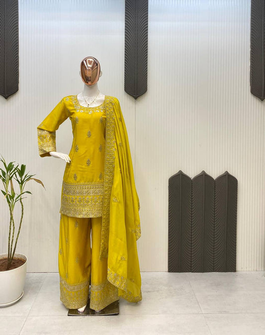 Gorgeous Yellow Color Sequence Work Palazzo Suit