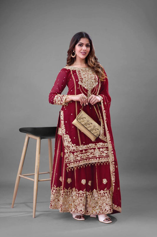 Stylish Red Color Embroidery Work Georgette Palazzo Suit