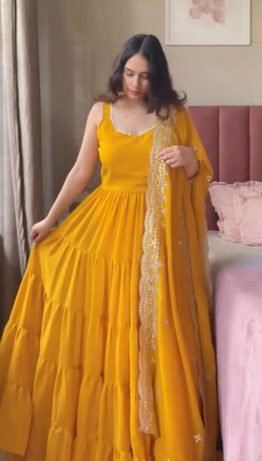 Gorgeous Yellow Lace Work Georgette Anarkali Gown