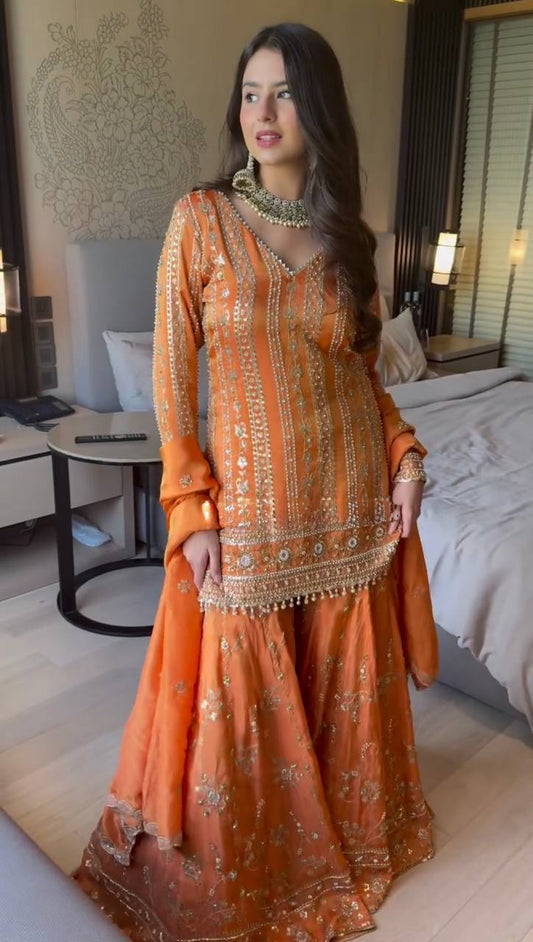 Attractive Orange Georgette Thread Work Sharara Suit
