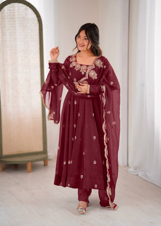 Gorgeous Maroon Color Embroidery Work Gown
