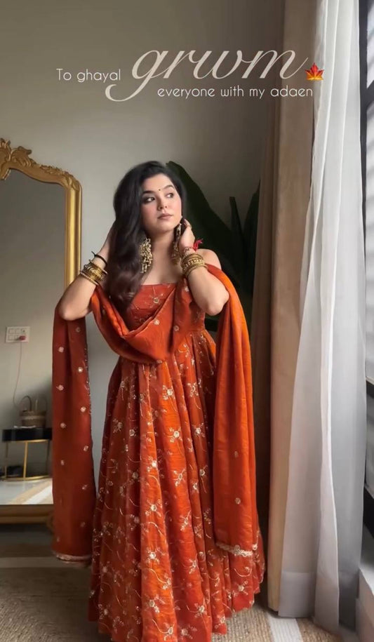 Adorable Kesriya Silk with Thread Work Anarkali Suit