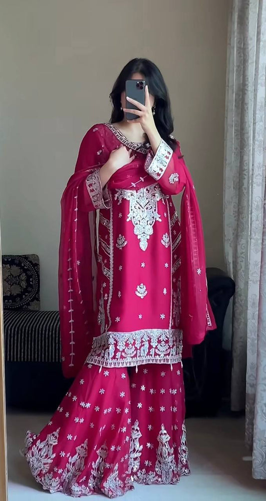 Ravishing Pink Georgette Embroidery Work Sharara Suit