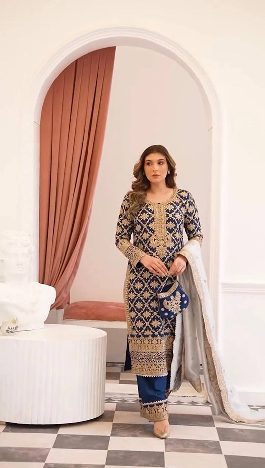 Lovely Blue Georgette Sequence Work Palazzo Suit