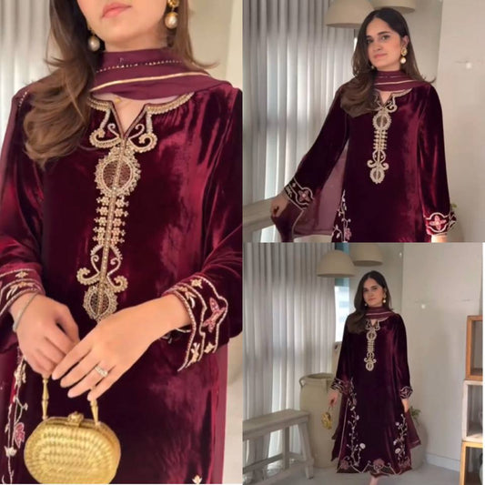 Wonderful Maroon Velvet Sequence Work Palazzo Suit