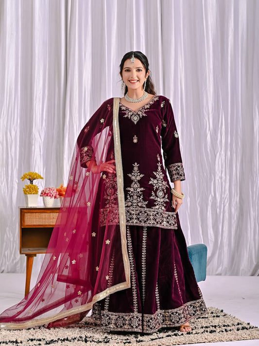 Pretty Maroon Velvet Sequence Work Sharara Suit