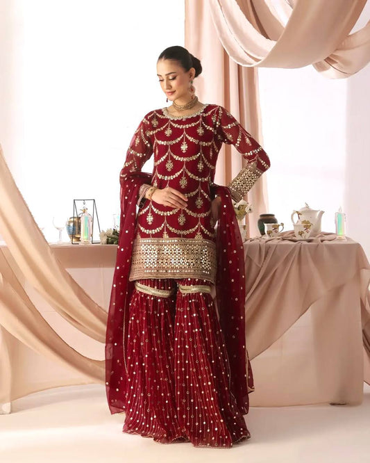 Pretty Maroon Georgette Sequence Work Sharara Suit