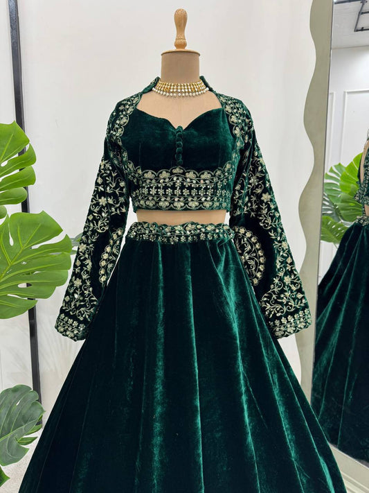 Trendy Green Velvet With Sequence Work Lehenga Choli