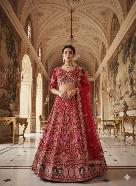 Stylish Red Silk With Embroidery Work Lehenga Choli