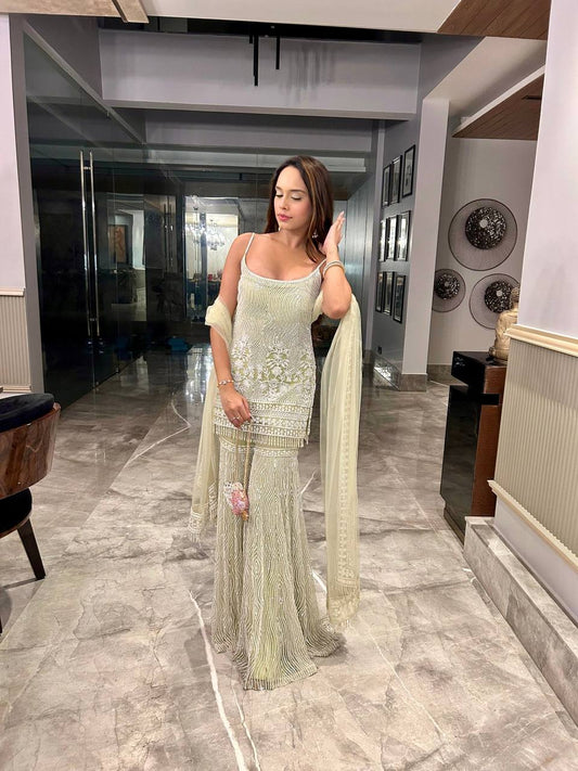 Exclusive Soft Net Heavy Chine Sequence Plazzo Suit