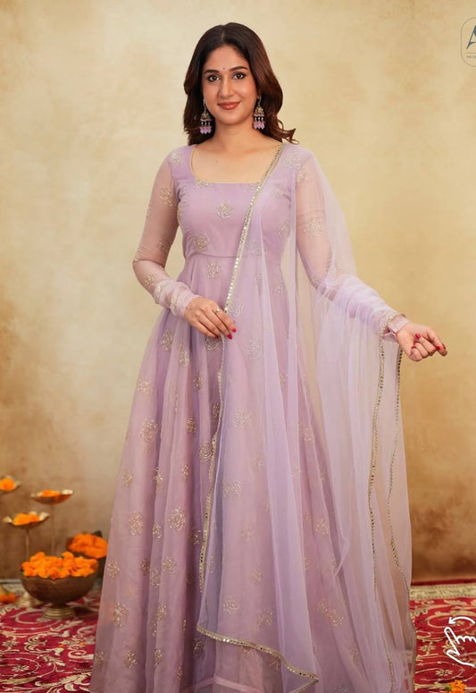 Stunning Lavender Orgenza with Hand Embroidery Work Gown