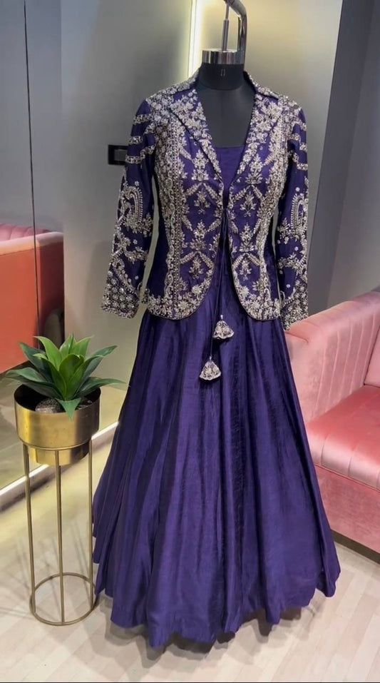 Stylish Purple Chinon Heavy Embroidery Work Gown
