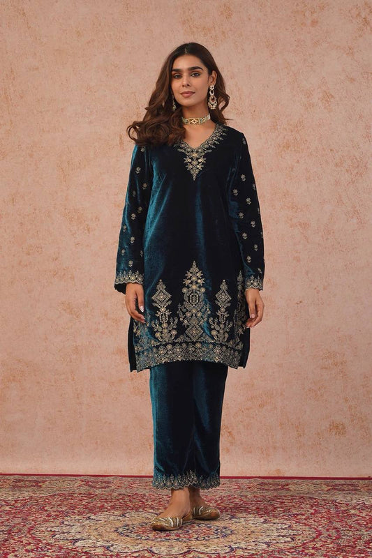 Charming Blue Heavy Viscose Velvet Thread Work Suit