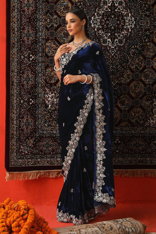 Elegant Navy Viscose Velvet Thread Work Saree