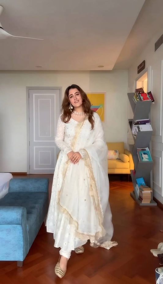 Stunning White Faux Blooming with Multi Thread Work Anarkali Suit