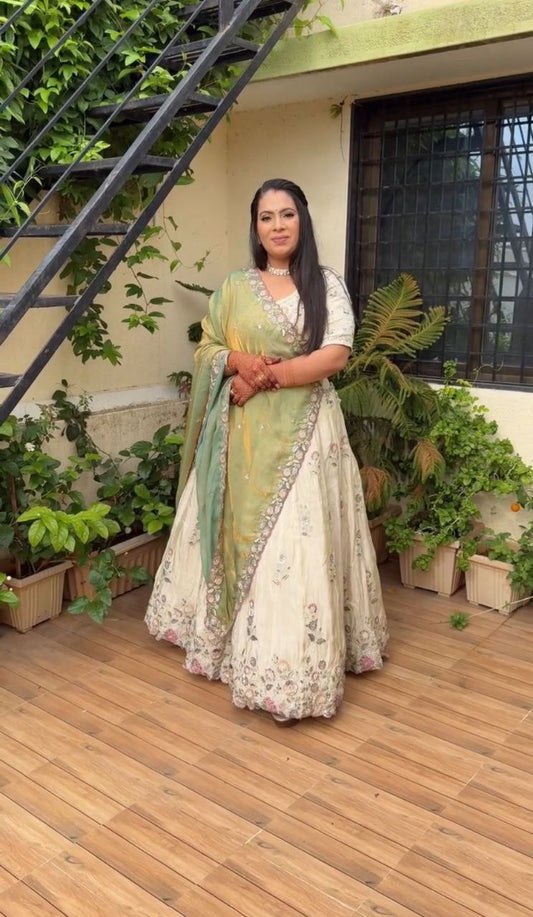 Exclusive Green Chinon Embroidery Lehenga Choli