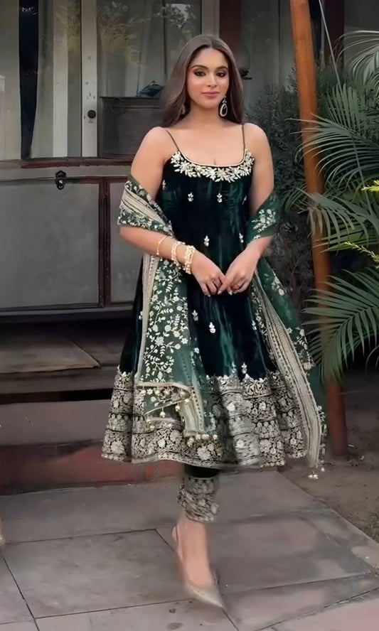 Exclusive Green Vichitra Silk Embroidered Sharara Suit