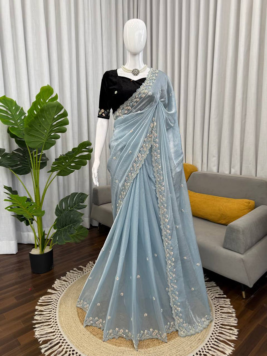 Exclusive Eye-Catching Blue Fendy Silk Beds Work Saree