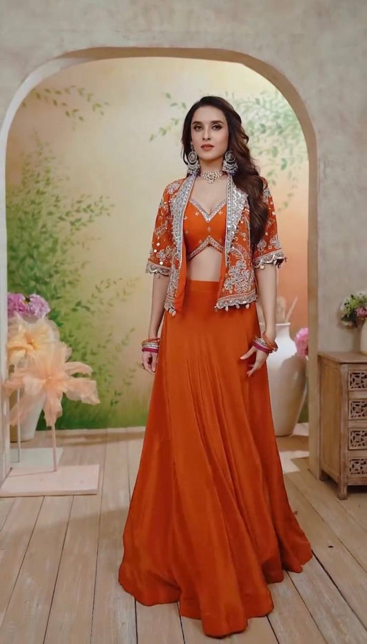 Gorgeous Orange Heavy Rangoli Silk Embroidery Lehenga