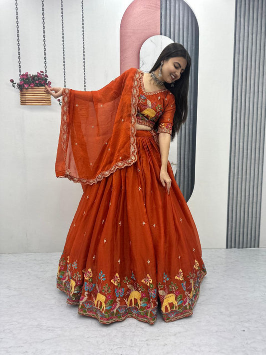 Lovely Orange Moss Simar Heavy Embroidery Lehenga