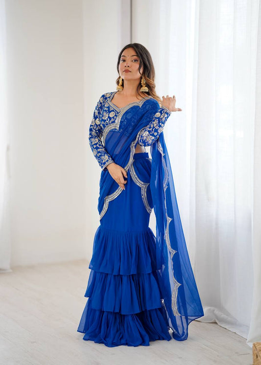 Outstanding Pattern and Work Ruffle Saree