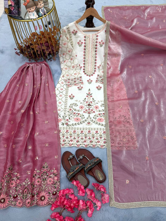 Charming Pink Silk Embroidered Palazzo Suit