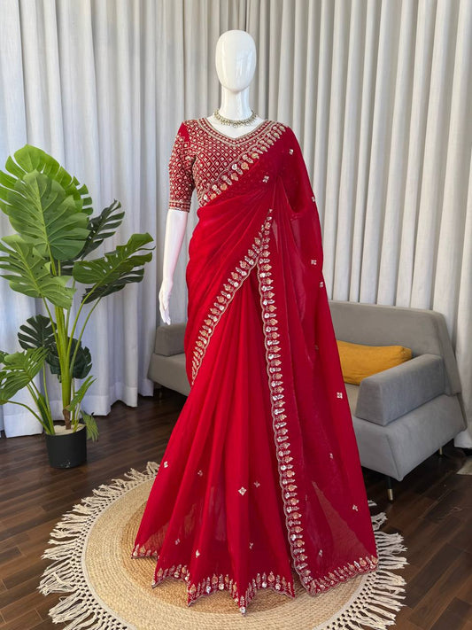 Stunning Red Fendy Silk with Beds Work Saree