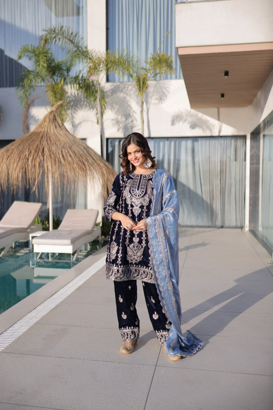 Lovely Blue Velvet with Zari Embroidered Work Sharara Suit