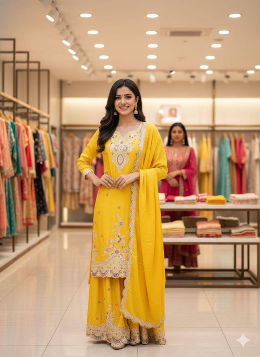 Exclusive Yellow Chinon with Sequence Embroidery Sharara Suit