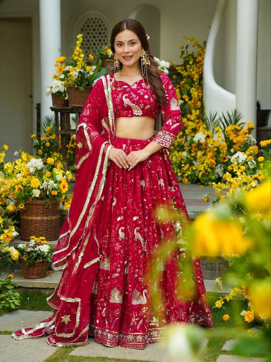 Exclusive Red Faux Georgette Embroidery Lehenga