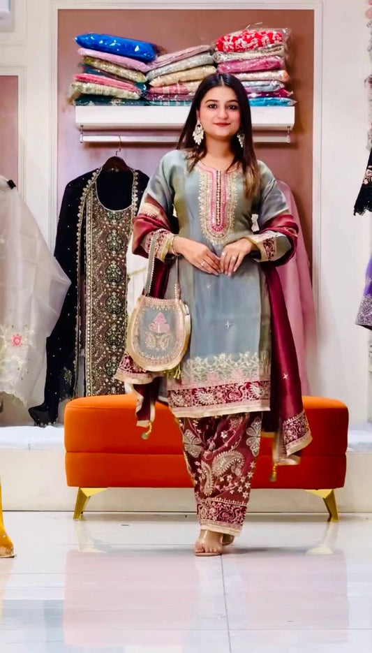 Elegant Maroon Heavy GMY Silk Embroidered Sharara Suit